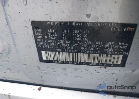 2015 Subaru Legacy 2.5I Premium z USA, uszkodzony, nr VIN 4S3BNAH68F3045770